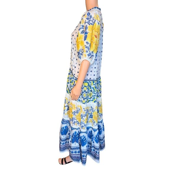 Farm Rio NWT Zuli Midi Dress Small Blue Yellow Floral Organic Cotton Puff Sleeve - Picture 6 of 8